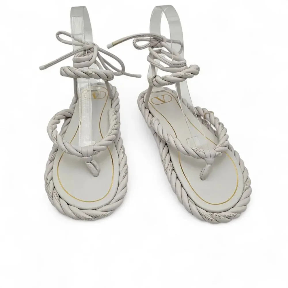 Valentino Garavani White Braided Leather Gladiator Flat Tie Sandal Size 36 US 6